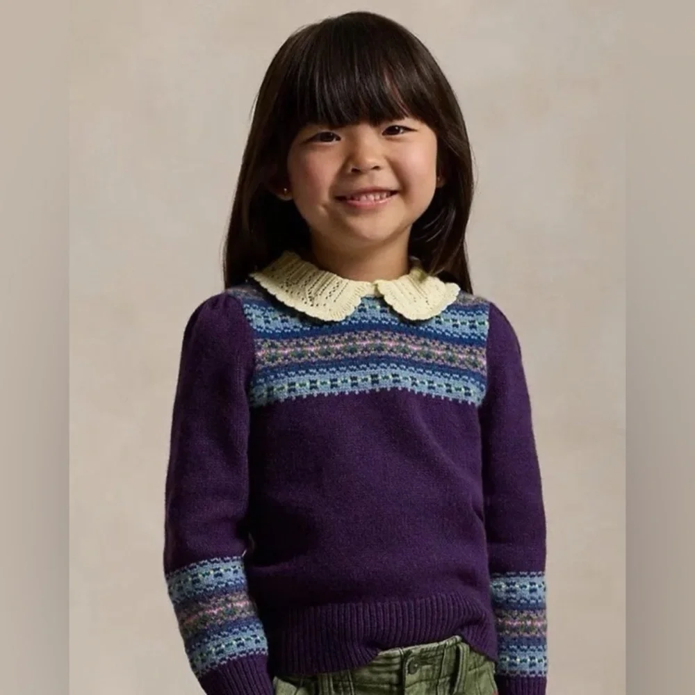 Ralph Lauren Purple Fair Isle Sweater with Cream Lace Collar